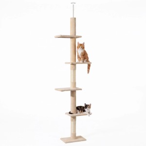 Beiger deckenhoher Kratzbaum Fudajo mit Deckenspanner, Sisal und 4 Plattformen. Zwei Katzen darauf.