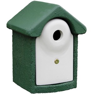 Grüner Holzbeton Nistkasten mit weißer Front und rundem Einflugloch.