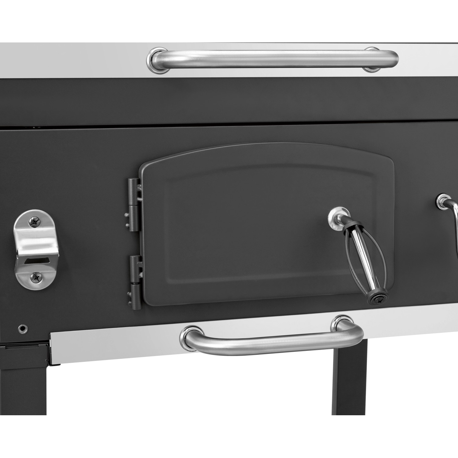 Detailansicht des Jamestown Holzkohle-Grillwagens Jaxon mit Kohleklappe und Flaschenöffner.