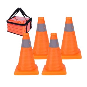 4 orange faltbare Pylonen mit Reflektorstreifen und Tragetasche. Vielseitige Absperrkegel für Sicherheit & Training.