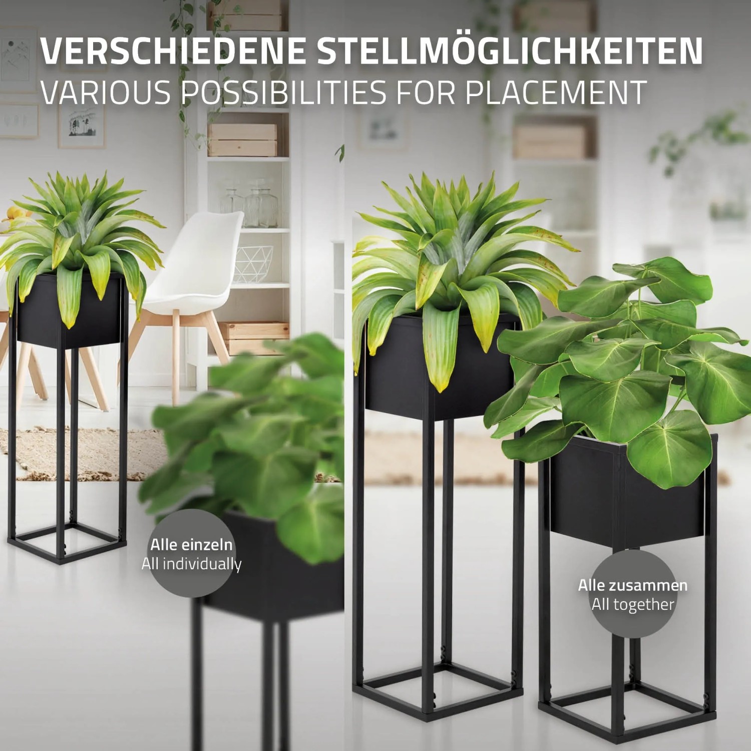 ML-Design Blumenständer 2er Set, schwarz, mit Pflanzen in modernem Wohnraum.