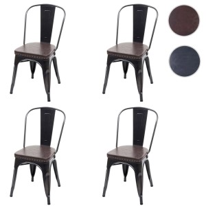 4er Set Polsterstühle im Industrie-Design, schwarz-braun, mit Stahlgestell und Zierknöpfen.