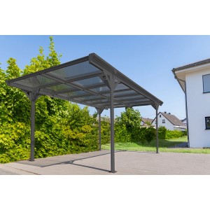 Westmann Flachdach-Einzelcarport in Anthrazit mit Doppelstegplatten und Aluminium-Konstruktion.