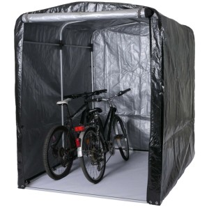 Anthrazitfarbene PROREGAL Fahrradgarage mit zwei Fahrrädern darin.