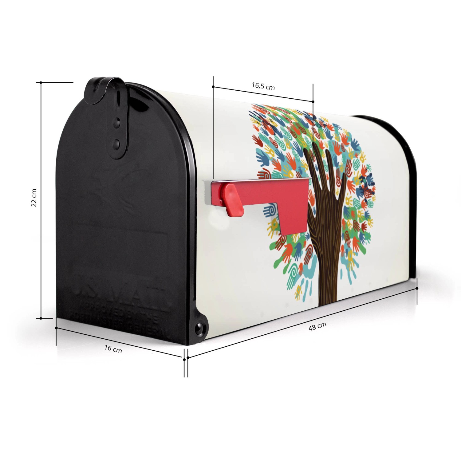 Schwarzer Banjado US Briefkasten mit Motiv 'We Are The World', 48x22x16cm, ideal als Wand- oder Standbriefkasten.