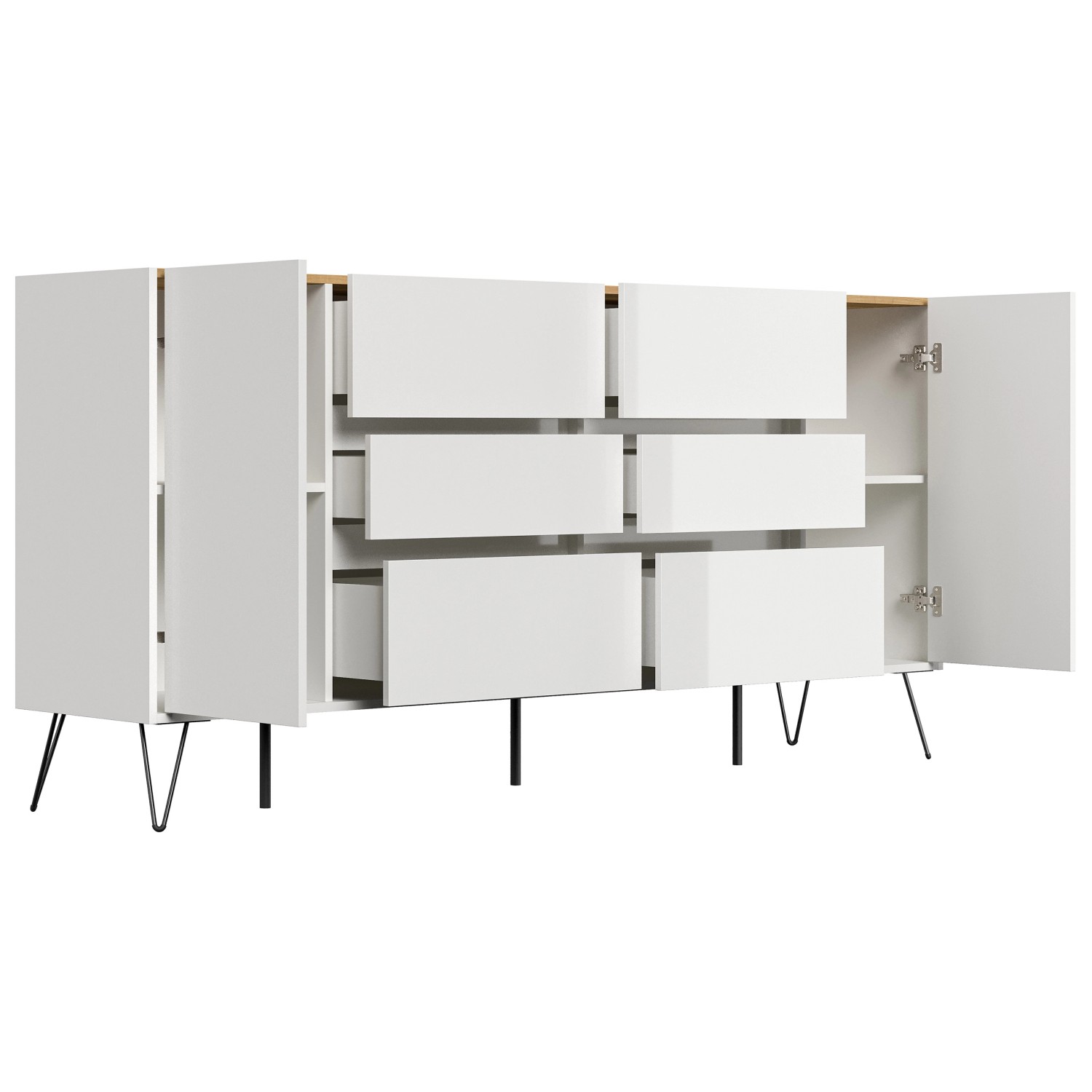 Posseik Sideboard Industrial R, weiß/Eiche, 200 cm breit, mit 6 Schubladen und 2 Türen.