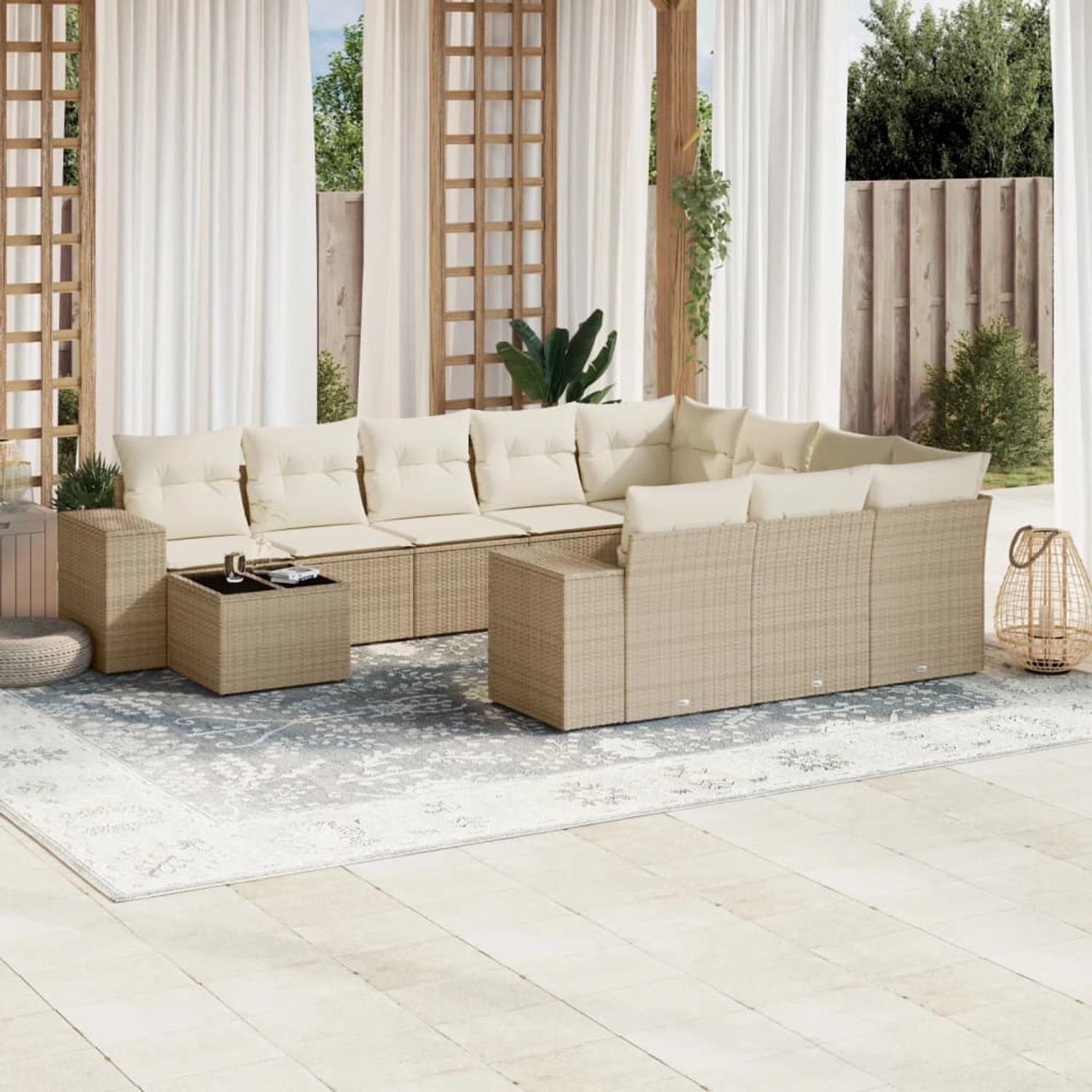 Beige 11-tlg. Garten-Sofagarnitur aus Poly Rattan mit Kissen. Modulare Gartenmöbel für Terrasse und Garten.
