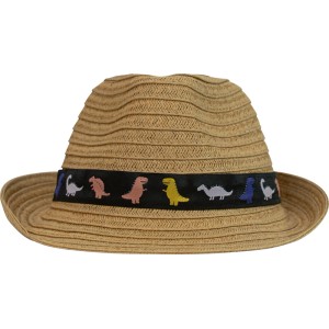 Brauner Kinder-Strohhut im Fedora-Stil mit schwarzem Band und bunten Dinosauriern, Gr. 53-54.