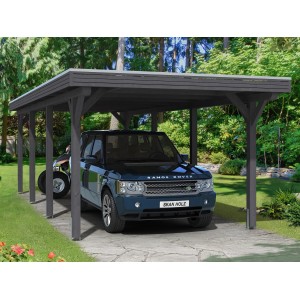 Skan Holz Carport Spessart, schiefergrau, mit Auto. Einzelcarport aus Leimholz mit Alu-Dachplatten.