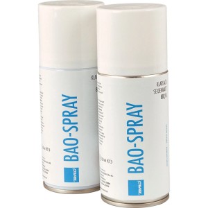 Zwei weiße Bao Klarlack-Sprays, glänzend und seidenmatt, für Lackierungen und Ausbesserungen.