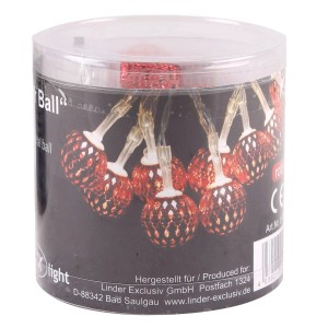 Rote LED Kugel Lichterkette mit 10 Lichtern in transparenter Verpackung. Batteriebetrieben für Weihnachtsdeko innen.