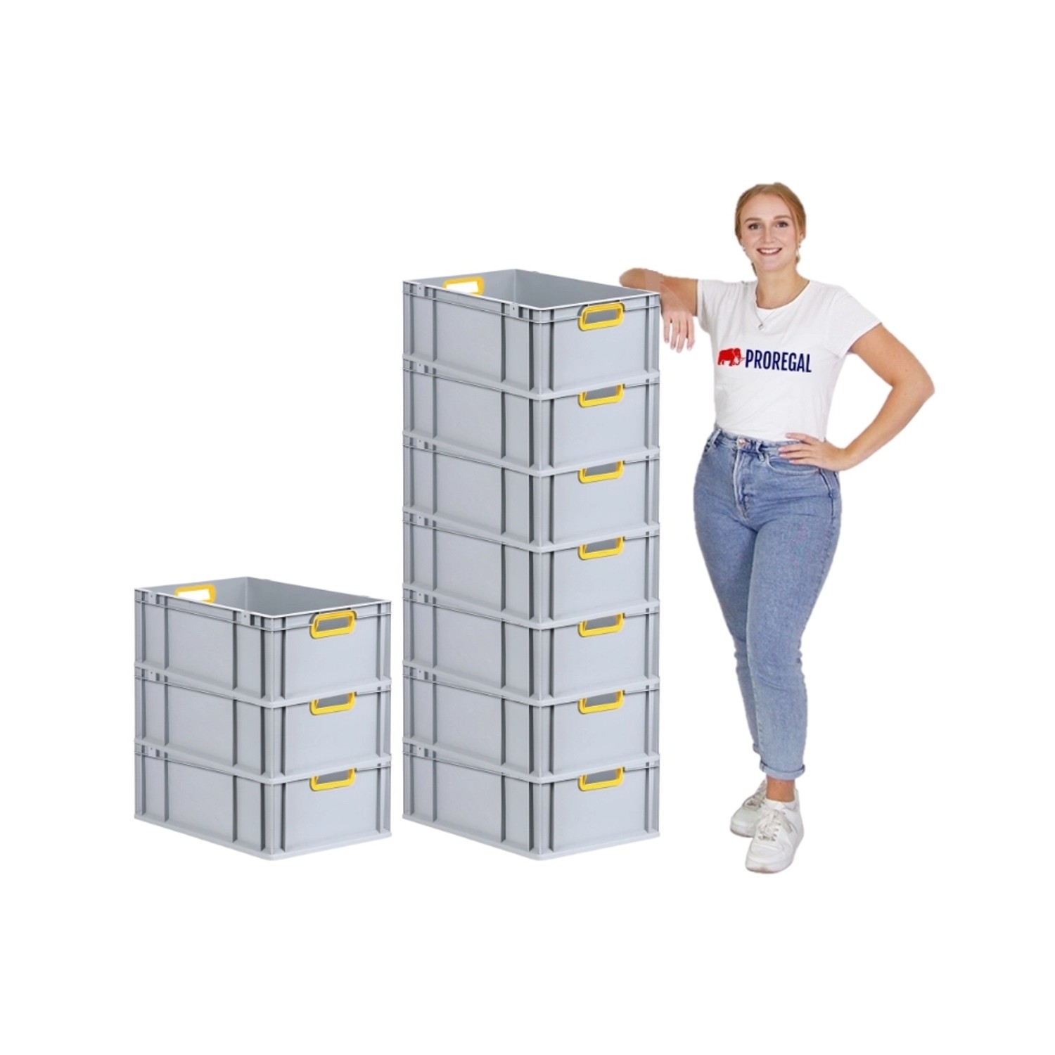 Gestapelte PROREGAL Eurobox Nextgen, 44 Liter, mit gelben Griffen. Robuste Aufbewahrungsboxen.