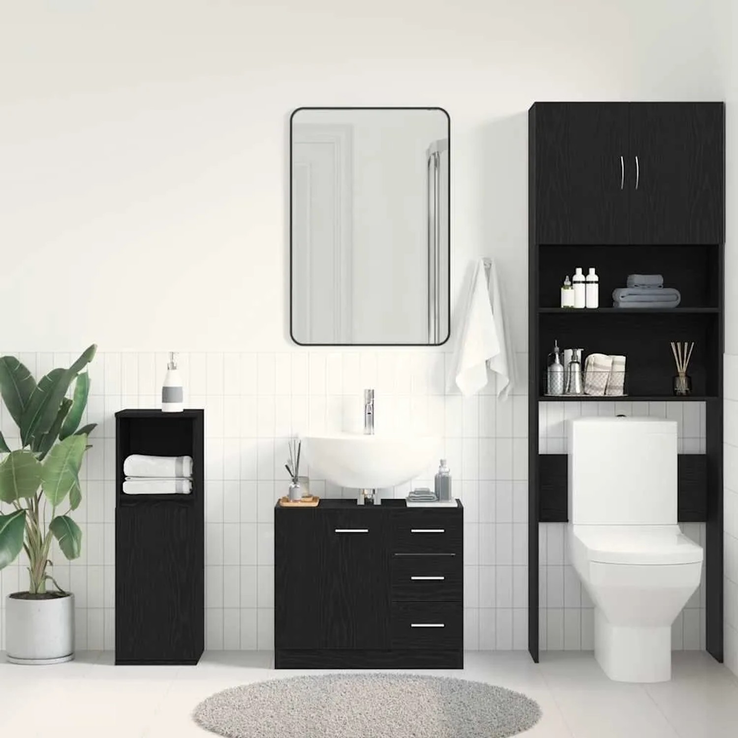 vidaXL Waschbeckenunterschrank in Schwarz Eichen-Optik im Badezimmer-Set.