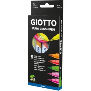 Giotto Turbo Fasermaler Soft Brush Neon, 6 Stifte mit Pinselspitze im Set.