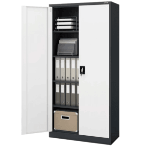 DELUKE Aktenschrank KADO, abschließbar, mit Flügeltüren, 185x90x40 cm, anthrazit-weiß, mit Ordnern und Zubehör