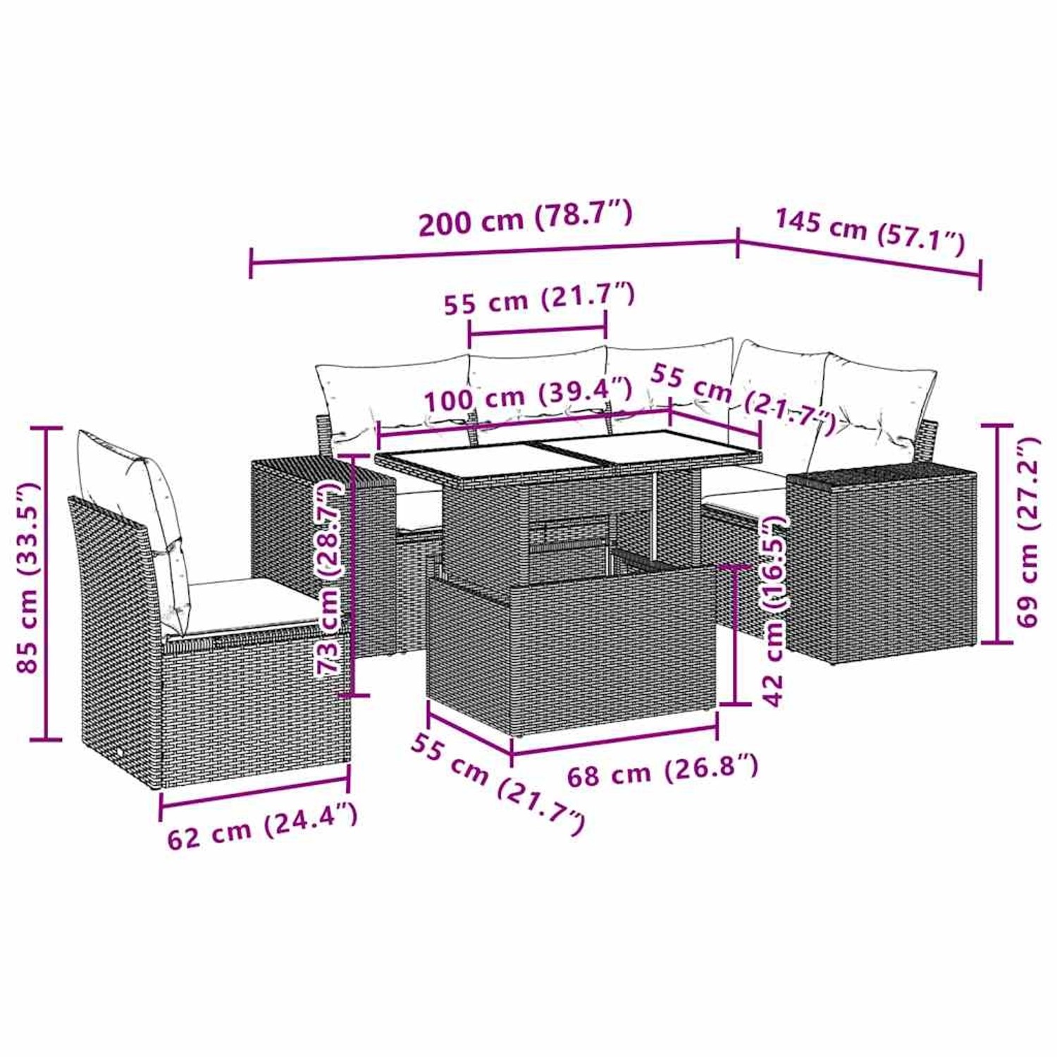 vidaXL 6-tlg. Garten-Sofagarnitur mit Kissen, schwarzes Poly Rattan, mit Maßangaben.