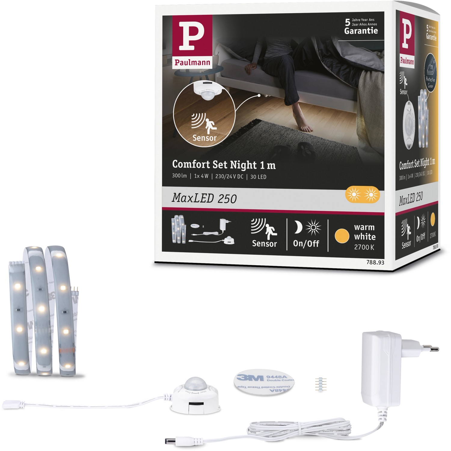 Paulmann MaxLED 250 Night Comfort Set 1m für Einzelbett mit LED Streifen, Sensor und Netzteil.