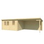 Unbehandeltes Holz-Gartenhaus Lasita Reno mit Anbau, 760x275 cm. Ideal als Gästehaus oder Homeoffice.
