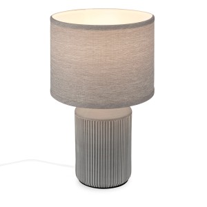 Graue Brilo Tischleuchte Ino mit Keramikfuß und Stoffschirm, Ø 22 cm.