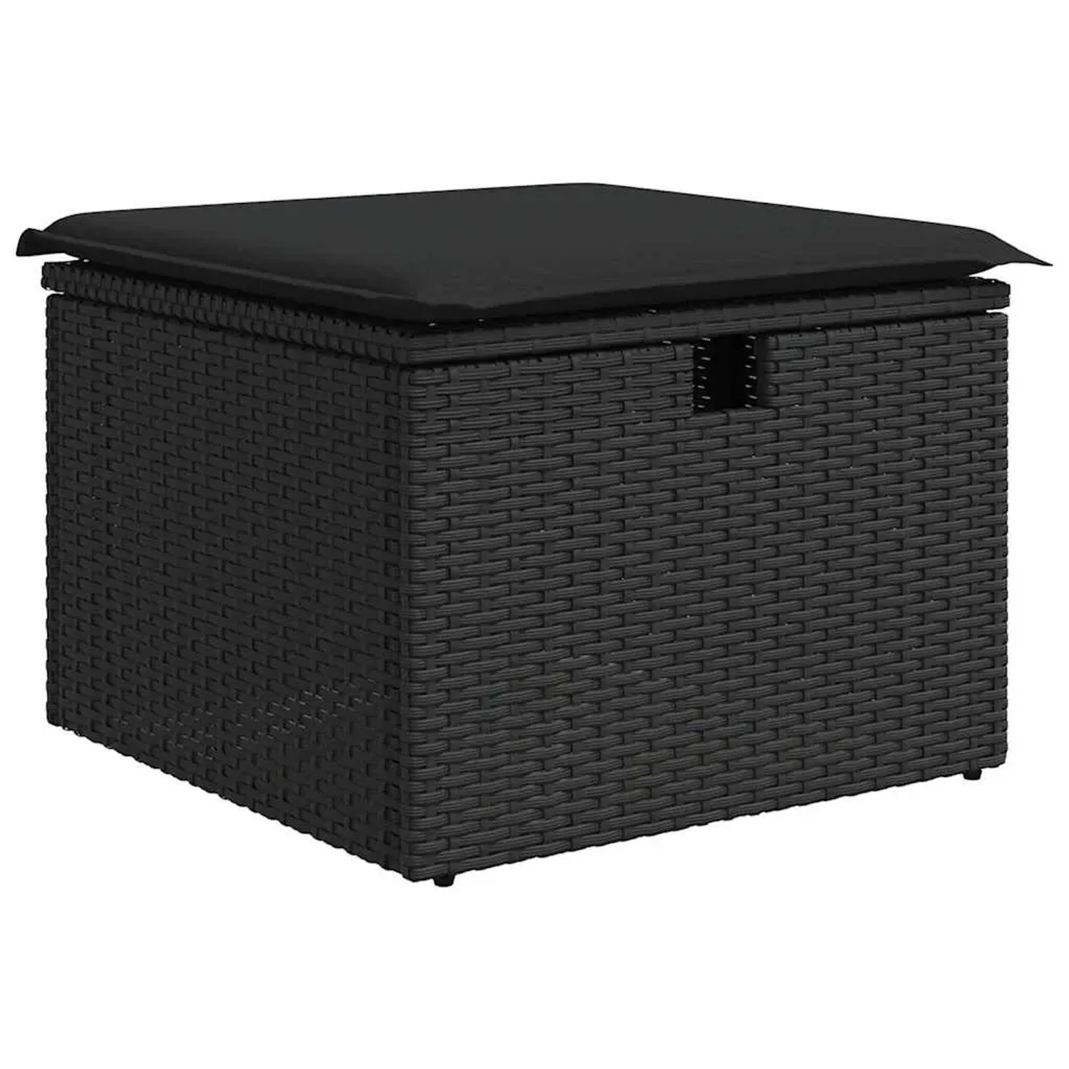 Schwarzer vidaXL Garten-Fußhocker aus Rattan mit Kissen, Teil der Sofagarnitur.