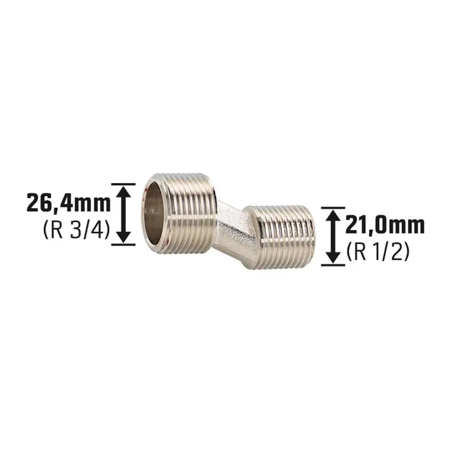 S-Anschluss aus Messing, verchromt, mit Gewinde R 1/2 und R 3/4 für Gewindefittings.