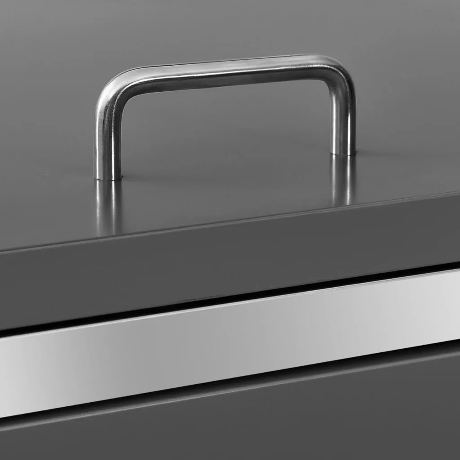 Detailansicht: Mülltonnenbox aus Edelstahl, anthrazitfarben, mit Griff am Deckel.