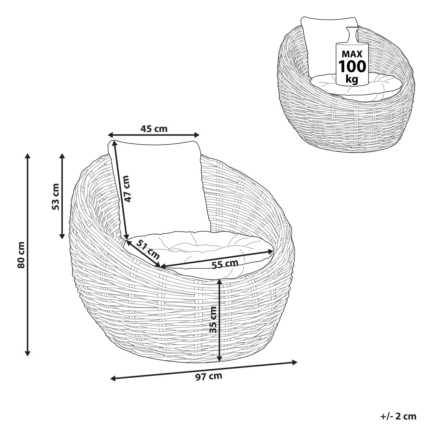Skizze: Beliani Gartenstuhl, naturfarben, mit Maßen und Belastungsgrenze 100kg.