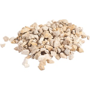 Heller, gelblich-beiger Ziersplitt (Kalkstein) in der Größe 8-16 mm.