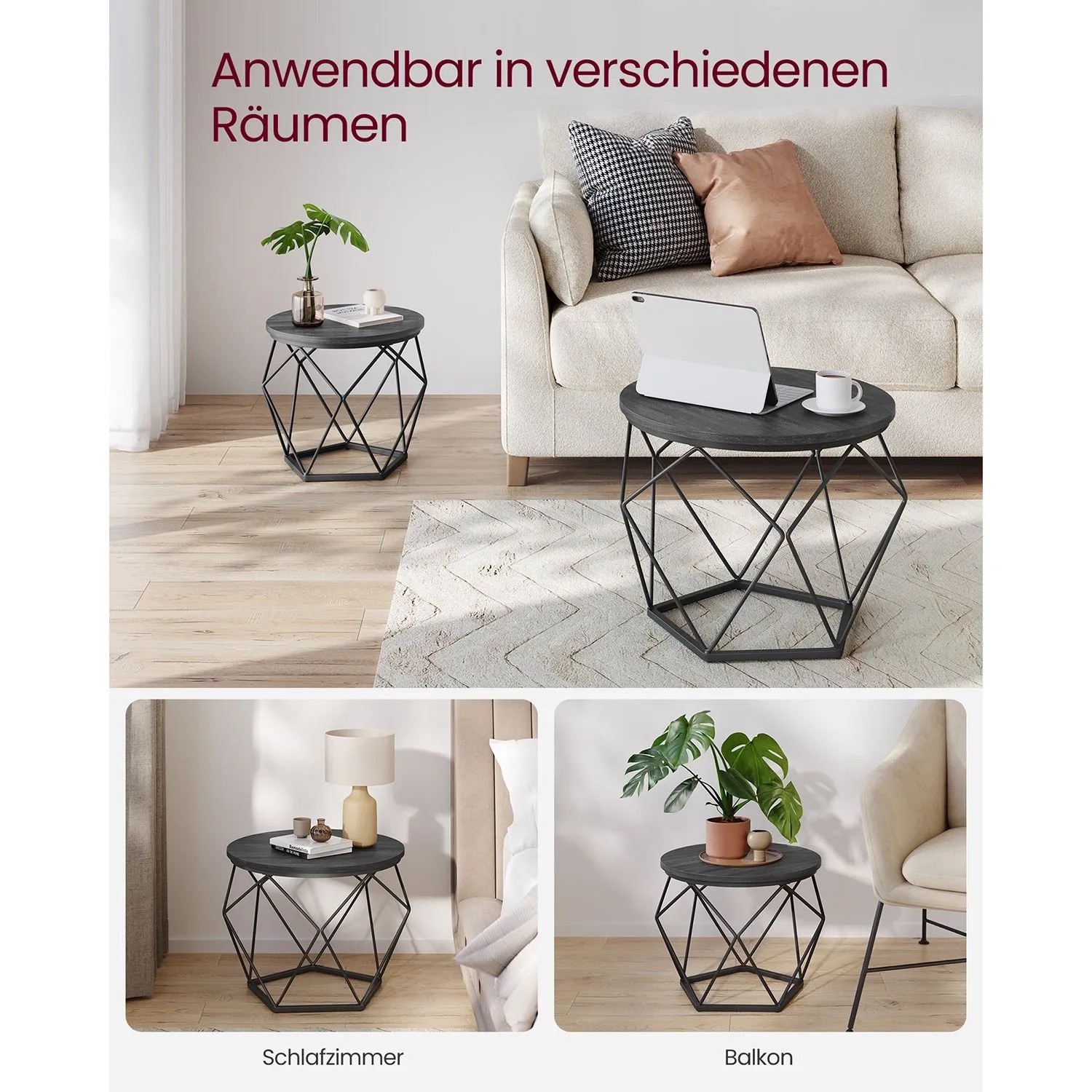 Vasagle Couchtisch 2er Set, runde Tische in Schwarz mit geometrischem Stahlgestell.