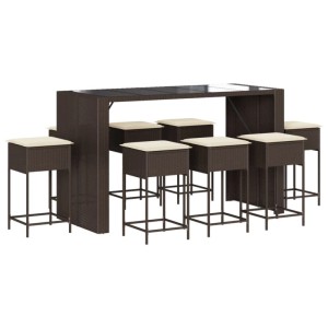 Braunes 9-teiliges vidaXL Gartenbar-Set aus Polyrattan mit Tisch, 8 Hockern und cremefarbenen Kissen.