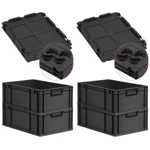 PROREGAL SuperSparSet: 4 schwarze Euroboxen mit Deckel, 44 Liter, für Lagerung und Transport.