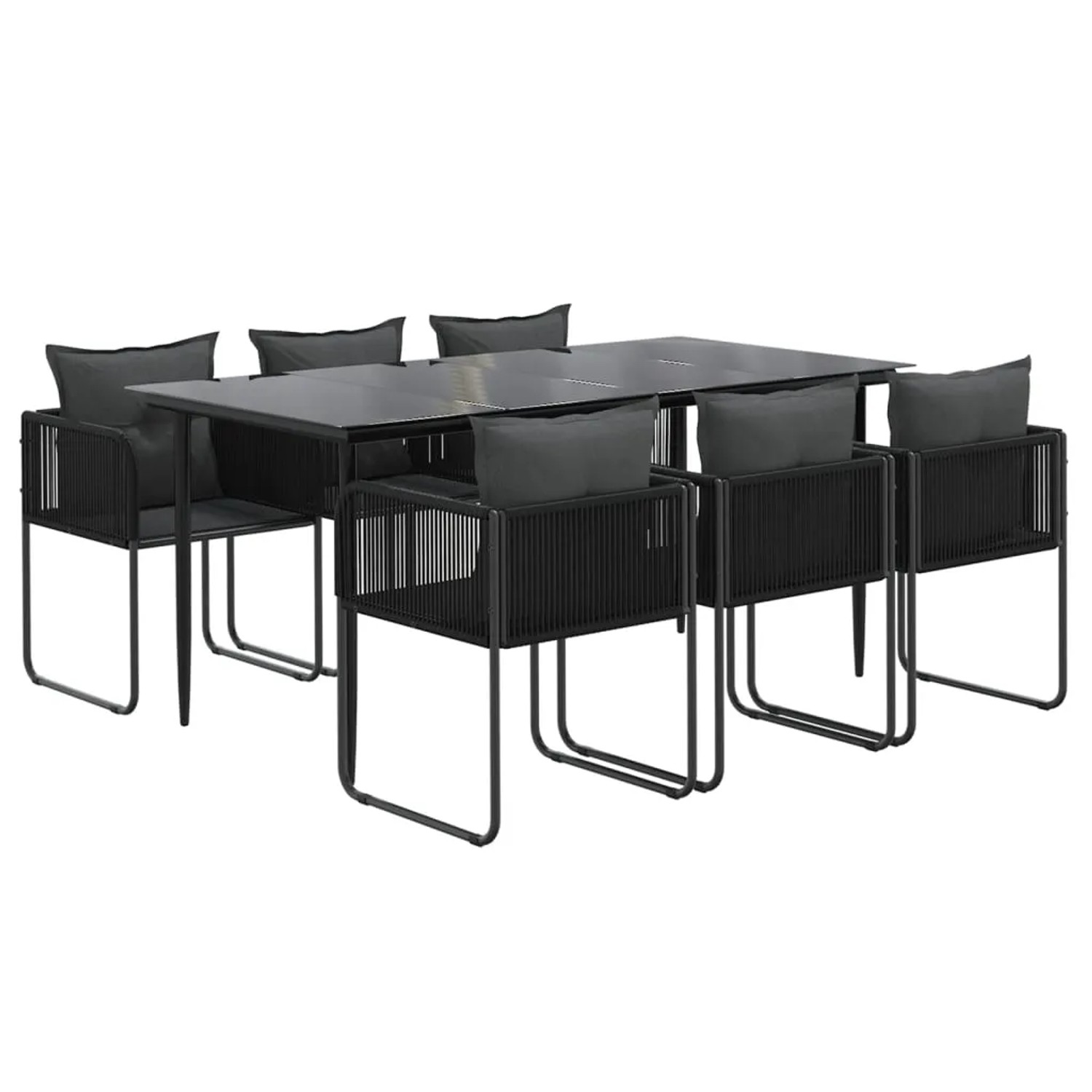 Schwarze 7-tlg. Garten-Essgruppe mit Rattanstühlen und Glastisch für den Außenbereich.