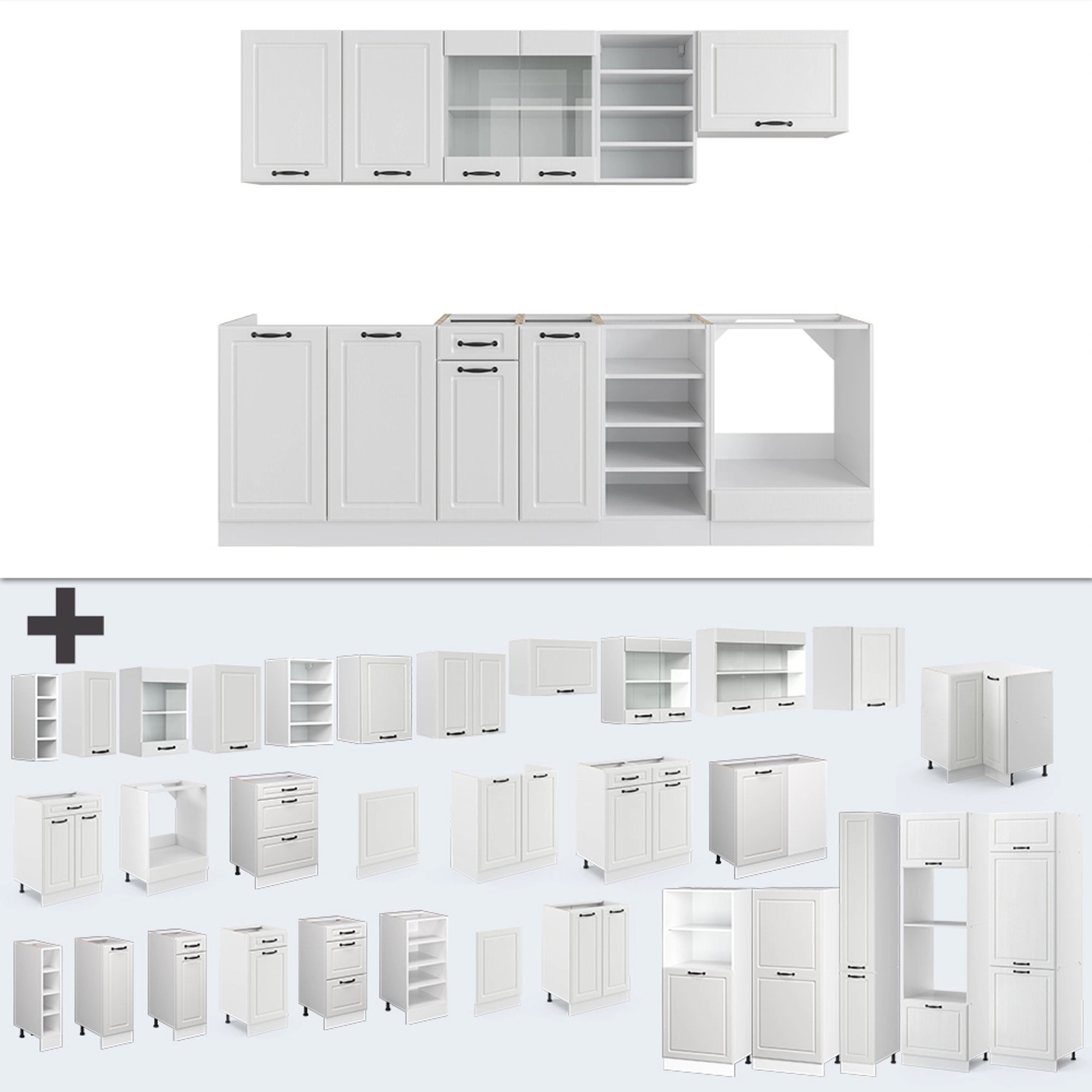Vicco R-Line Küchenzeile, 240 cm, Weiß Landhaus/Weiß, ohne Arbeitsplatte. Küchenblock mit verschiedenen Modulen.