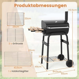 COSTWAY Holzkohlegrill Grillwagen mit Klappbarem Seitentisch & Thermostat