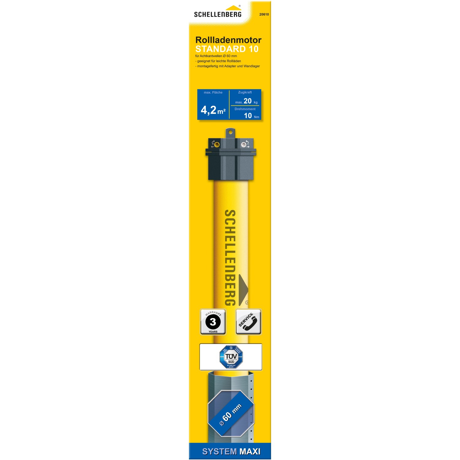 Schellenberg Rollladenmotor Standard Maxi 10 Nm im gelben Karton. Rohrmotor für Rollladen mit mechanischer Endlageneinstellung.