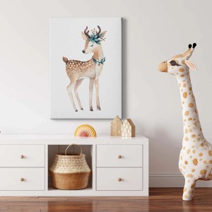 Niedliches Reh Bild auf Leinwand für Kinderzimmer. Aquarell Wandbild mit Rehkitz Motiv.
