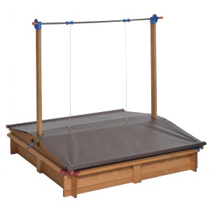 Gaspo Sandkasten Mickey II mit Dachlift, 140x140 cm, aus Holz mit farbigen Ecken.