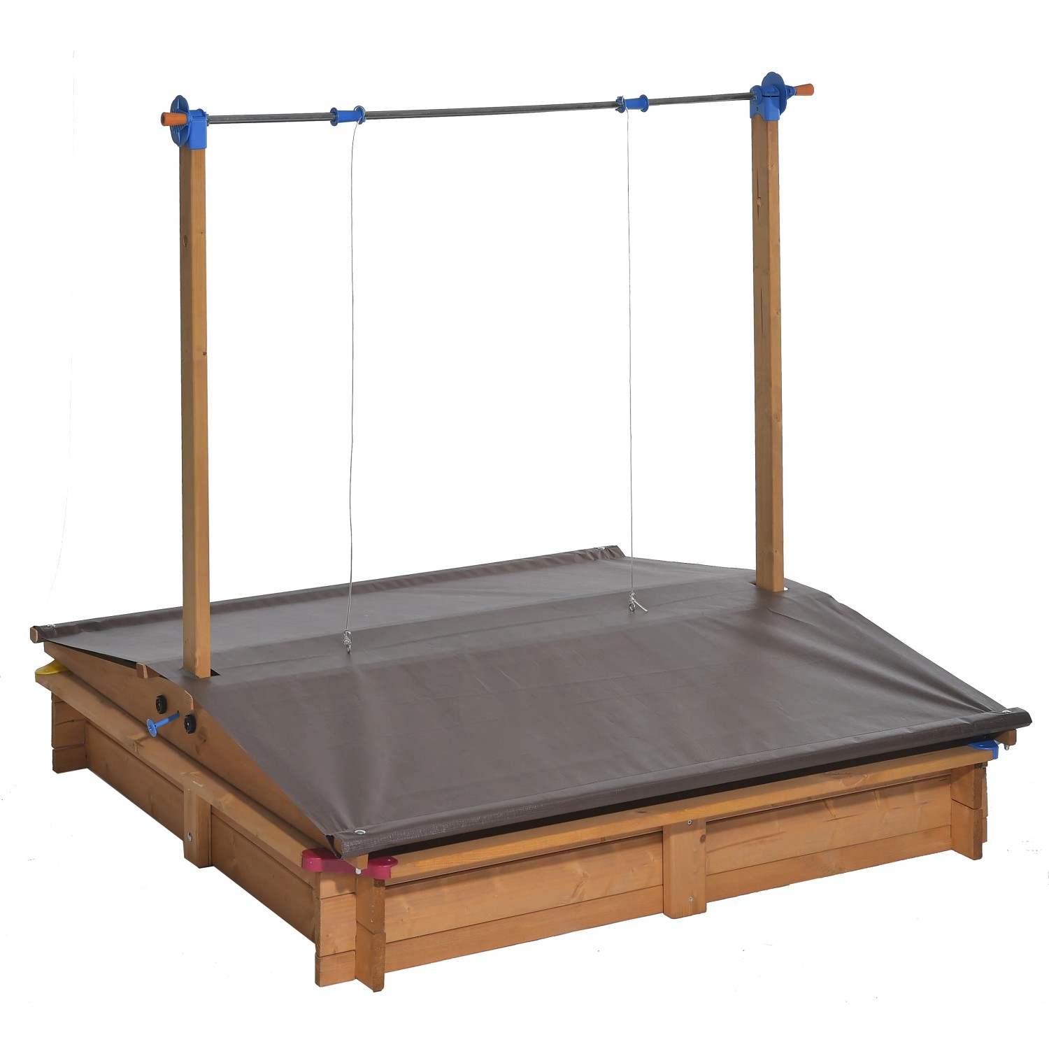 Gaspo Sandkasten Mickey II mit Dachlift, 140x140 cm, aus Holz mit farbigen Ecken.