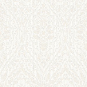 Weiße Landhaus Tapete mit floralem Ornament. Elegante Textil Vliestapete für Wohn- und Schlafzimmer.