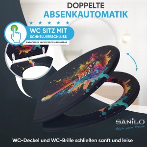 SANILO WC-Sitz mit bunter Gitarre im Splatter-Design, Absenkautomatik & Schnellverschluss.