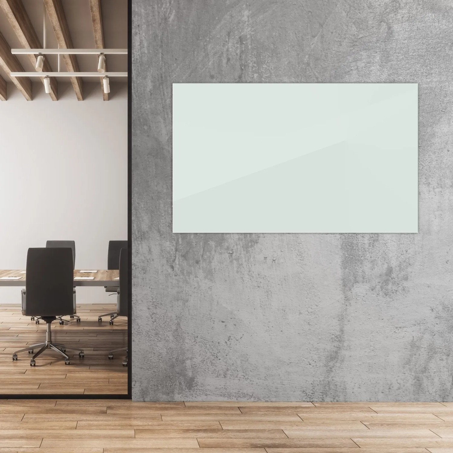 Rahmenloses, weißes Glas Whiteboard 60x90 cm an grauer Wand. Magnetisch, für Büro & Deko.