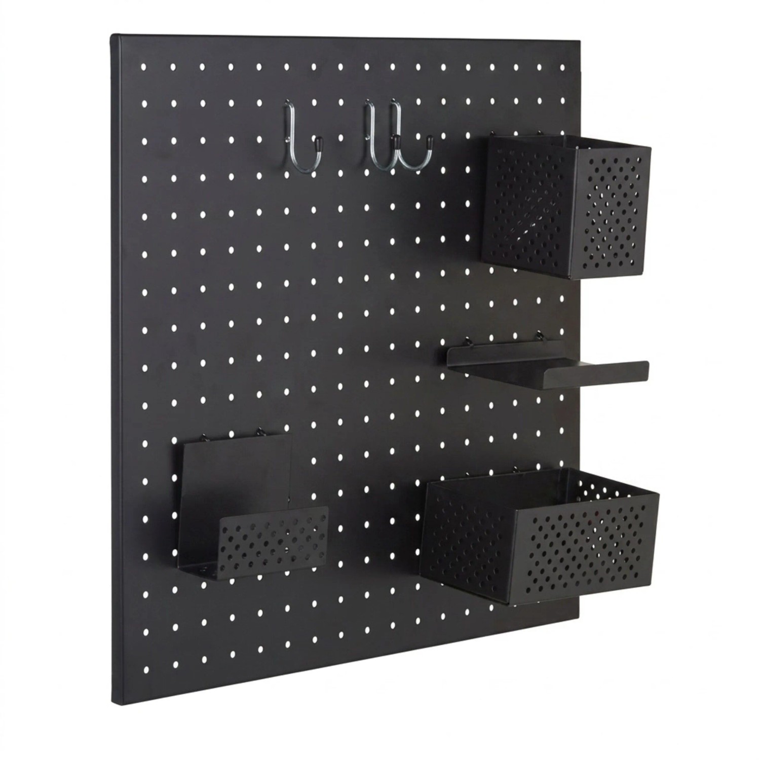 Schwarze 9-teilige Werkzeugwand aus Stahl mit Haken, Boxen und Ablage für Werkstatt & Garage. Lochwandsystem.