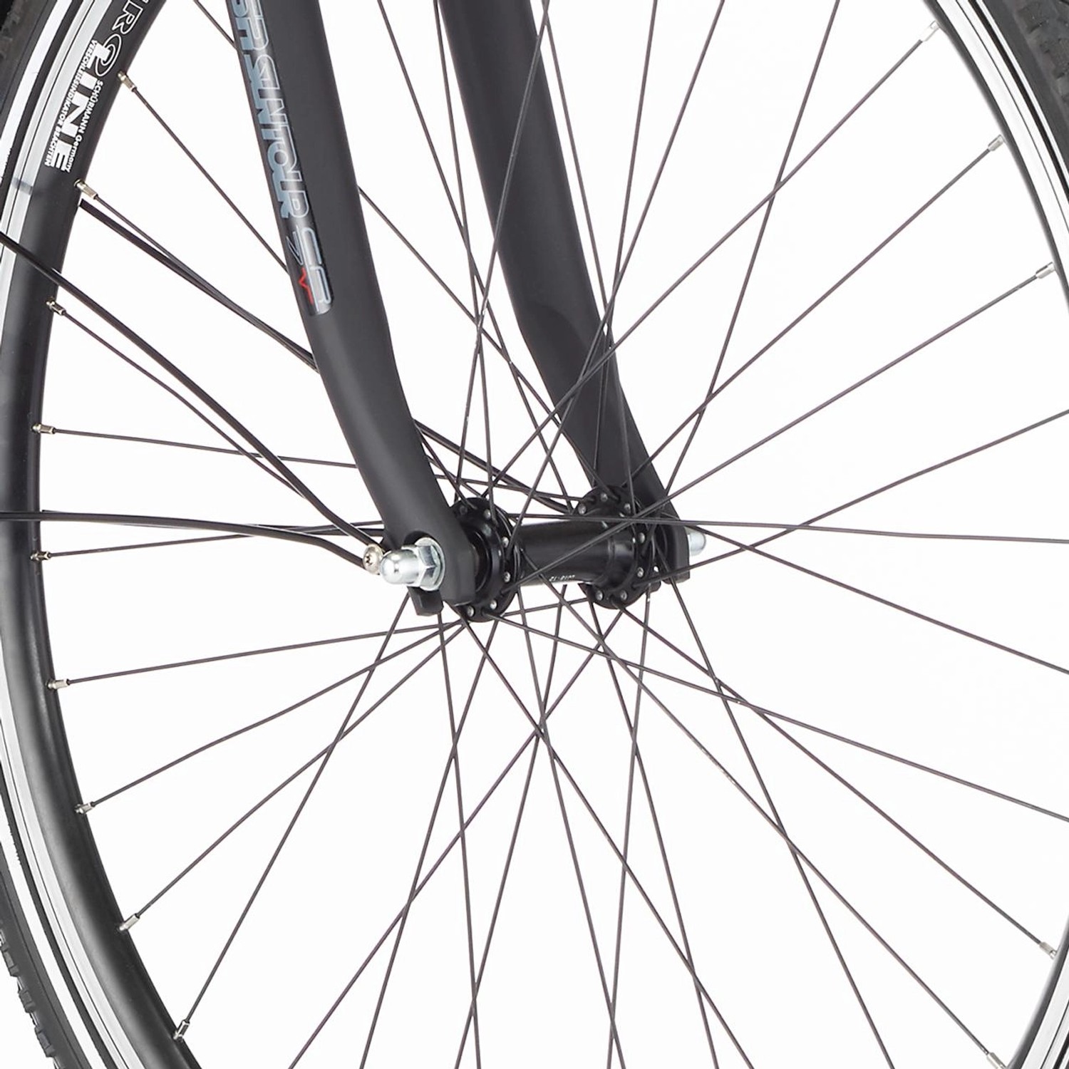 Detailaufnahme Vorderrad mit Federgabel des Fischer E-Bike Trekking ETD 1806.