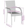 Grauer stapelbarer Polyrattan Gartenstuhl mit Armlehnen und detaillierten Maßangaben. Ideal für Terrasse.