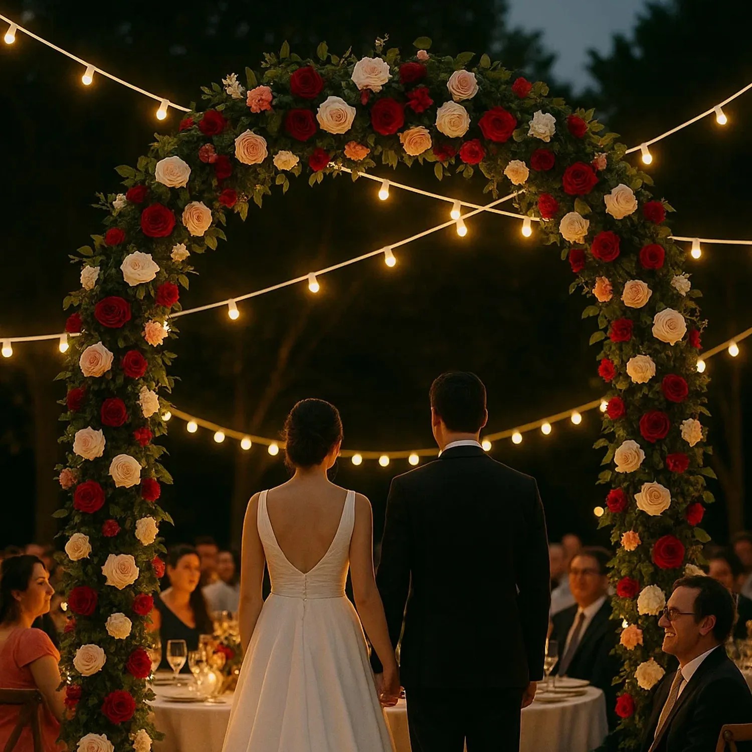 Romantische Illu-Partylichterkette (50m) umrahmt ein Hochzeitspaar unter einem Rosenbogen.