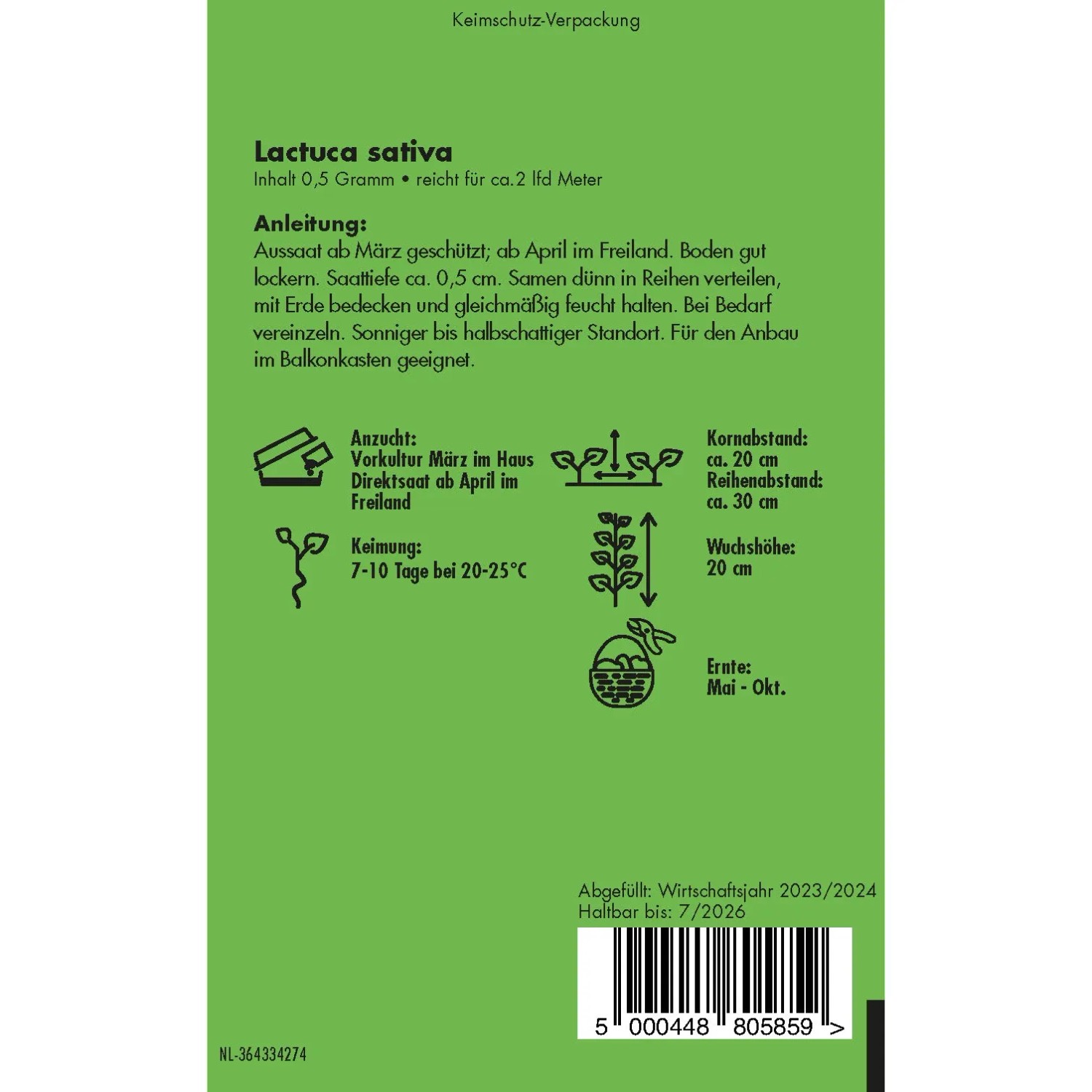 Verpackung Pflücksalat Amerikanischer Brauner mit Anleitungen zu Anzucht, Keimung und Ernte.