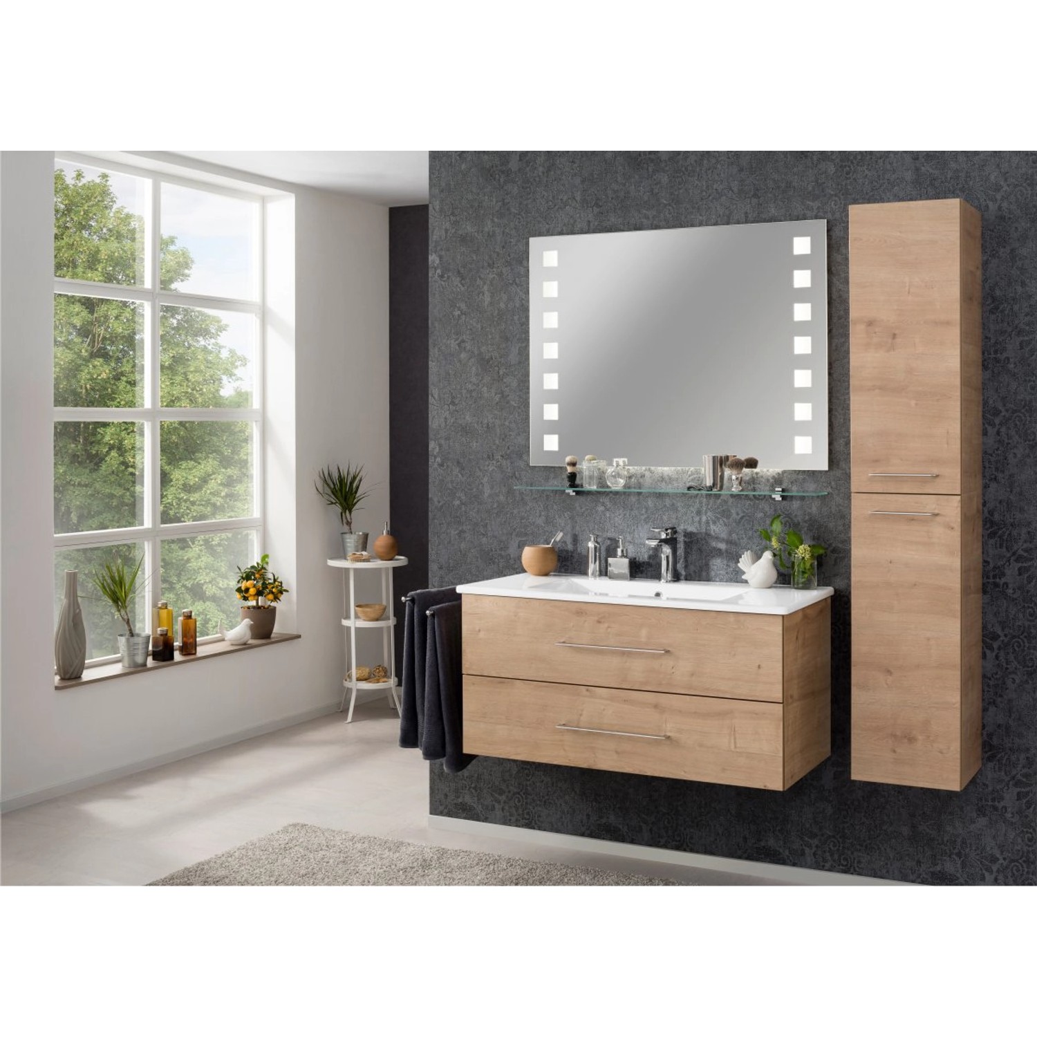 Fackelmann Bad-Hochschrank B.Perfekt Asteiche (30 cm) im Badezimmer-Set mit Waschtisch und Spiegel.