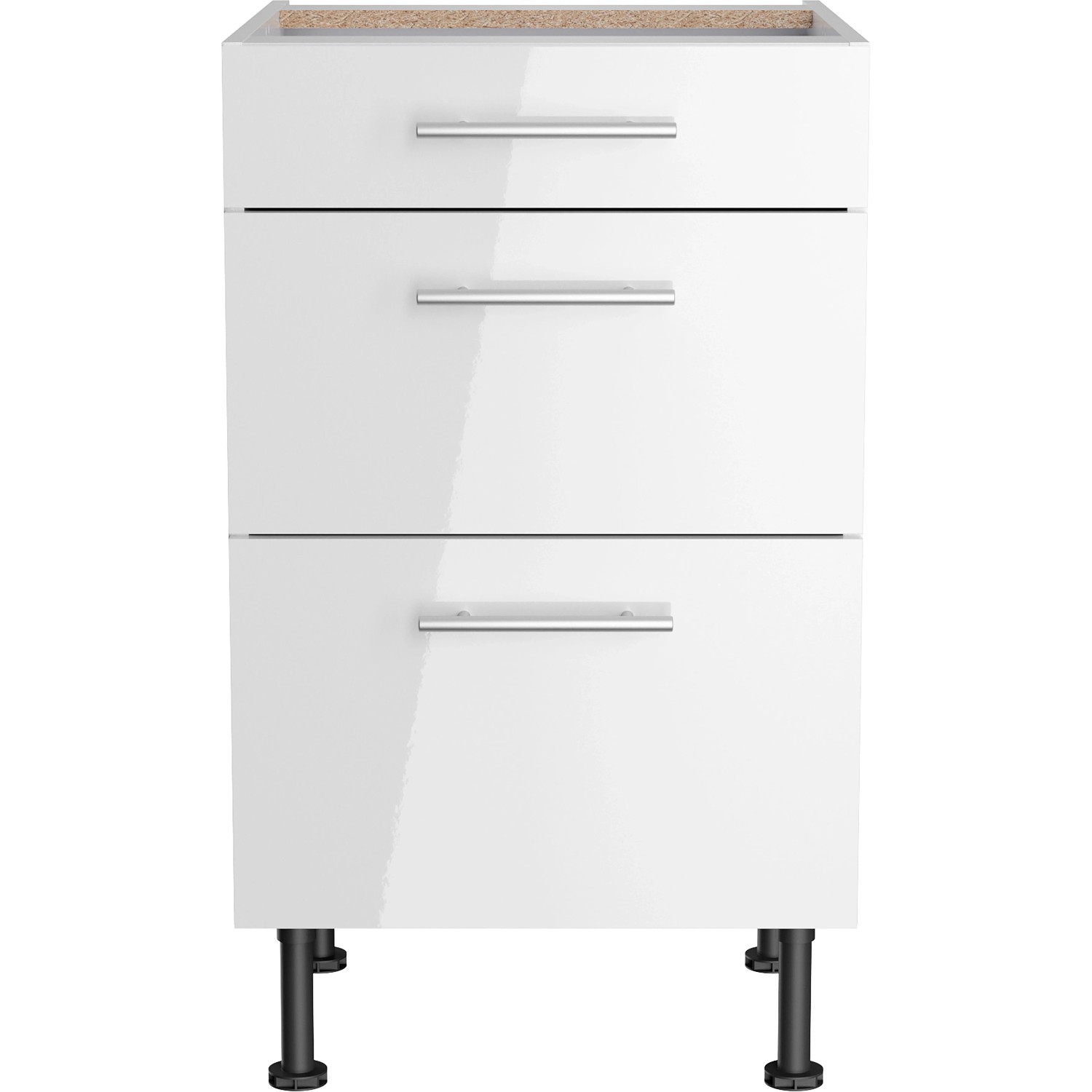 Optifit Unterschrank Rurik986, 50cm, weiß, mit 3 Auszügen und Edelstahlgriffen.