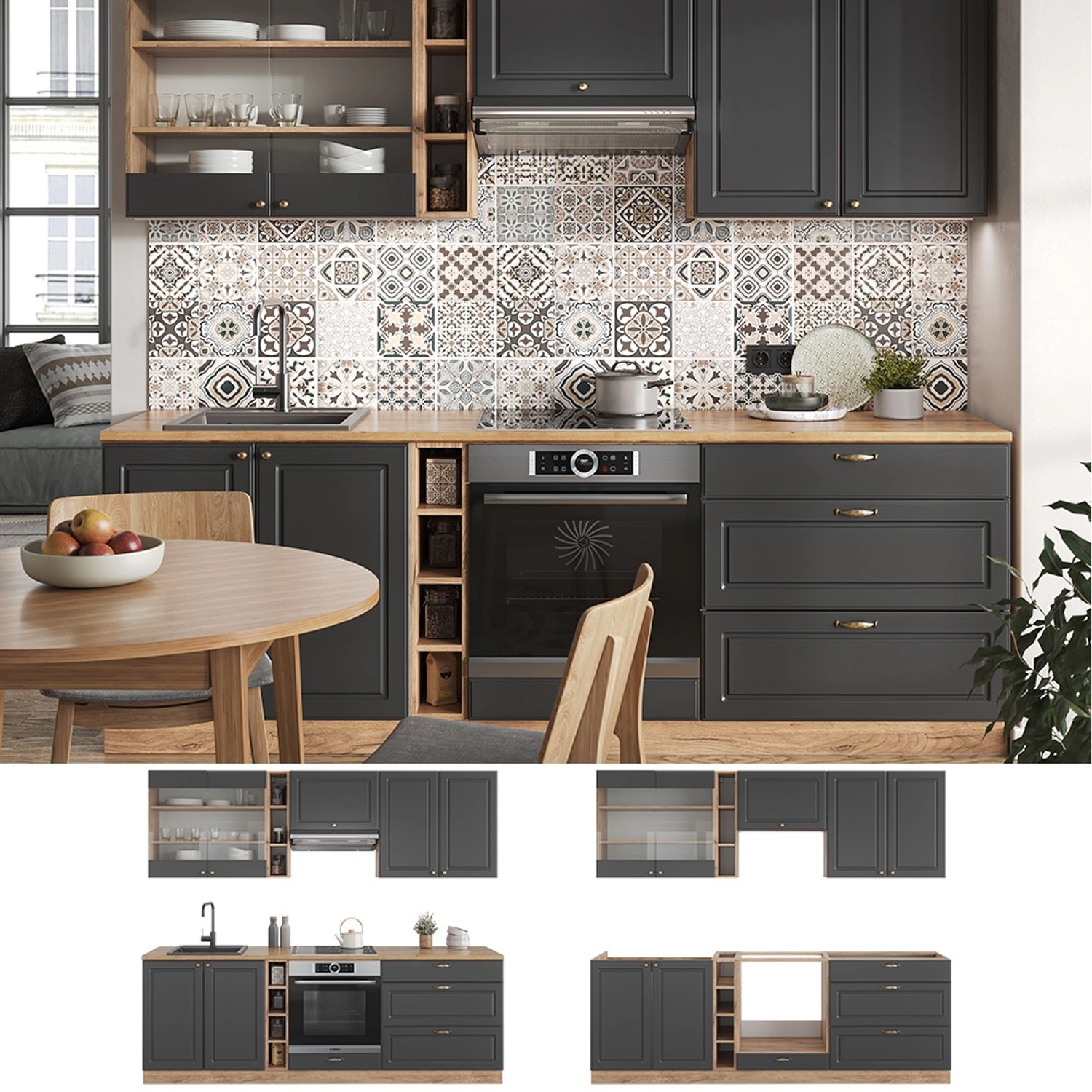 Vicco Fame-Line Küchenzeile in Anthrazit/Eiche, 235 cm breit, ohne Arbeitsplatte.