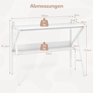 Abbildung mit Maßangaben des weißen Costway Schreibtisch mit Monitorständer und Regal.
